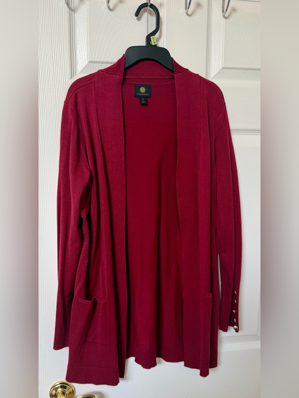 JM Collection Petite Large Red Open Front Cardigan Gold Button Cuffs
